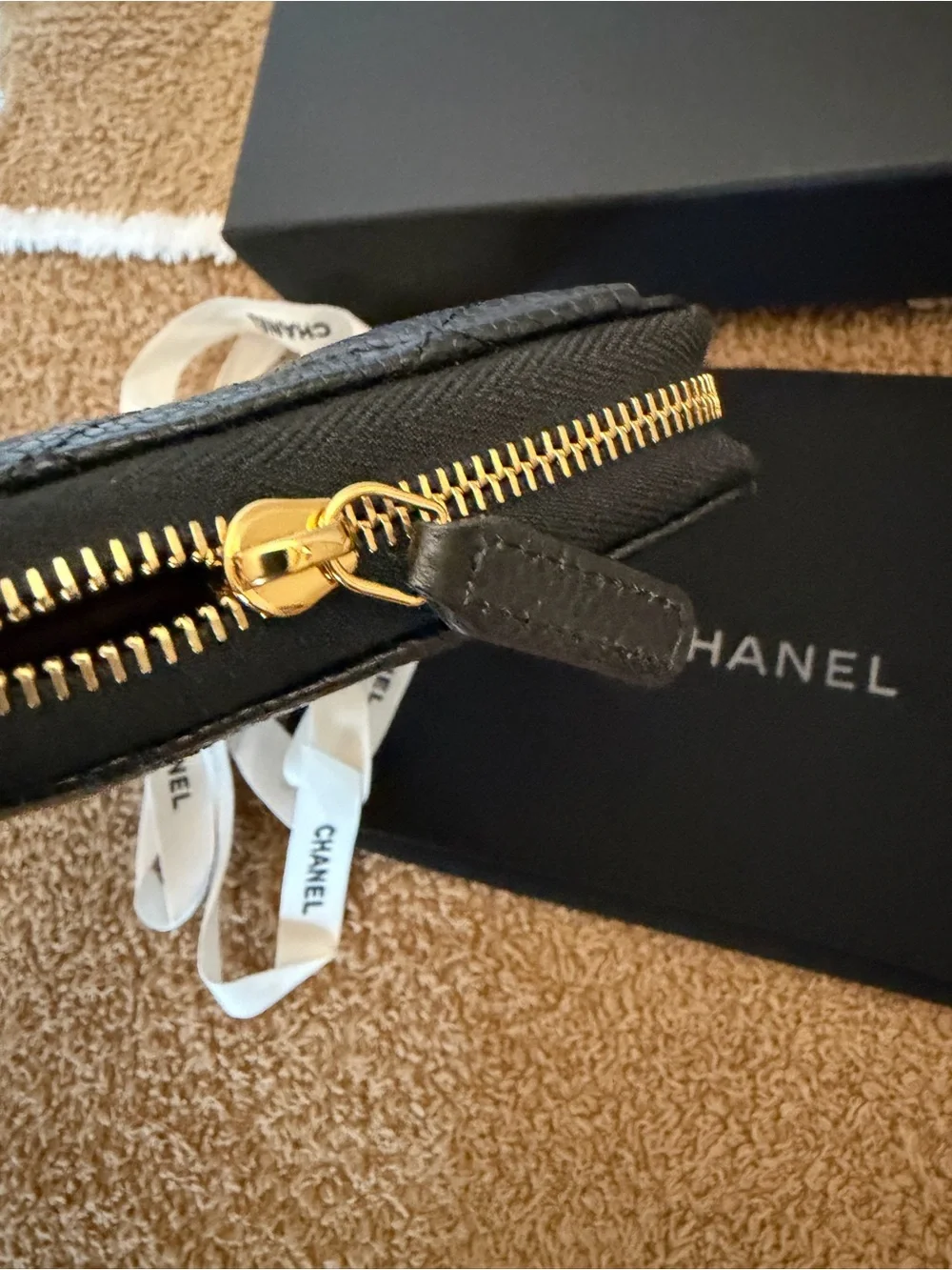 CHANEL Black Quilted Caviar Leather Zip Around Wallet with Gold CC